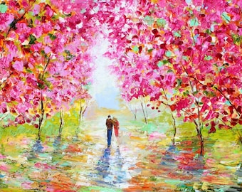 Spring Romance print, couple canvas print, pink trees, Landscape, made from image of painting impasto fine art by Karen Tarlton