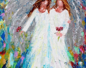 Angel Friends and Flowers print on canvas made from image of Original painting by Karen Tarlton fine art impressionism