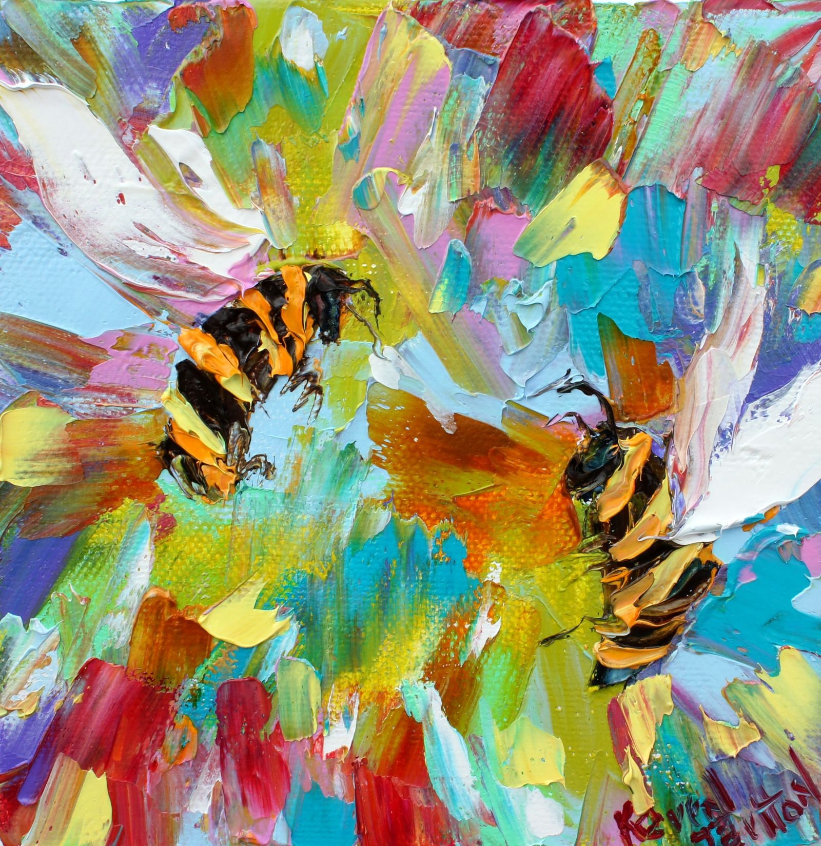 Bee painting, bee art, original oil palette knife impressionism on