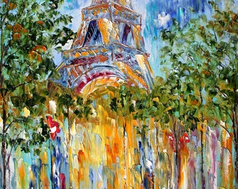 Paris Print on watercolor paper made from image of oil past painting EIFFEL TOWER - print by Karen Tarlton