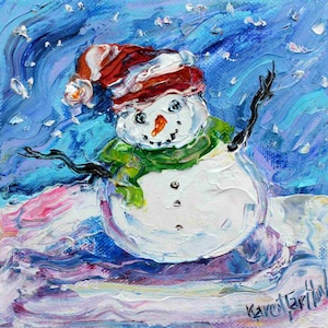 Snowman print, Snowman art, Christmas Print on watercolor paper made from image of past oil painting by Karen Tarlton