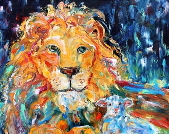 Lion and Lamb print on canvas, animal, spiritual art, made from image of past painting by Karen Tarlton fine art