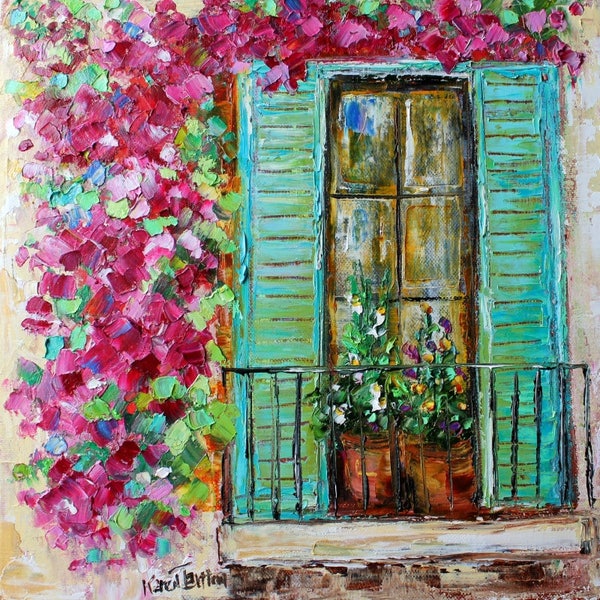 Window and Flowers canvas print, window box, shuttered window, made from image of past painting by Karen Tarlton