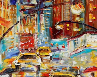 Times square rain Print on stretched gallery canvas, made from image of past painting by Karen Tarlton fine art