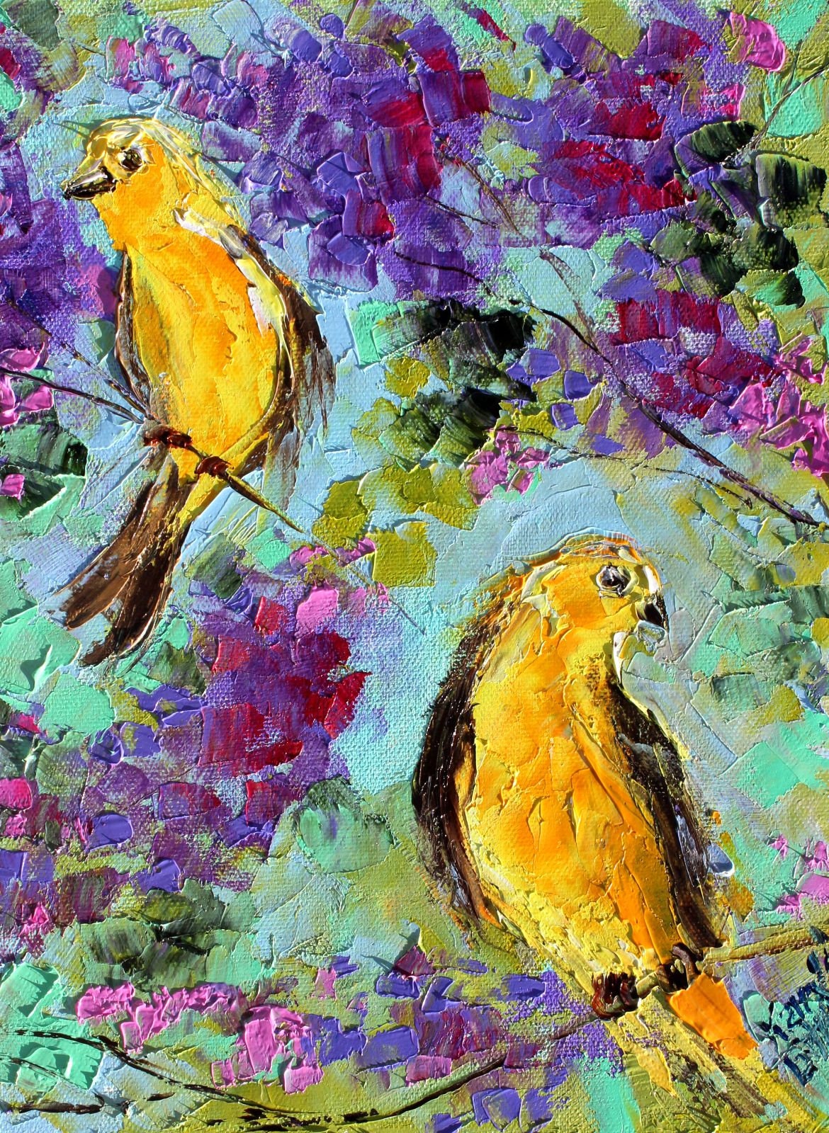 Birds and Blooms painting, bird art, original oil, palette knife