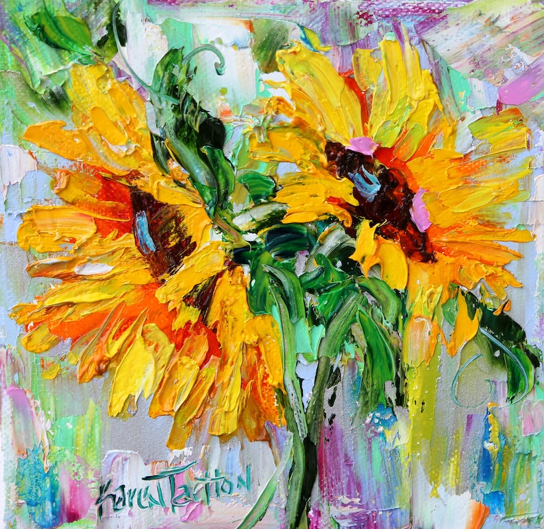 K&ouml;nnte beinhalten: Ein Gem&auml;lde von zwei Sonnenblumen mit gelben Bl&uuml;tenbl&auml;ttern und braunen Zentren. Die Sonnenblumen sind in einem lebendigen Stil mit dicken Pinselstrichen gemalt. Der Hintergrund ist eine Mischung aus Blau, Gr&uuml;n und Lila.