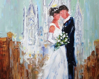Custom Original Oil painting Wedding Couple portrait or landscape palette knife fine art modern impressionism on canvas by Karen Tarlton