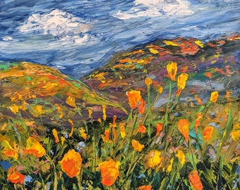 Poppy Field painting, California poppies original oil, palette knife impressionism on canvas fine art by Karen Tarlton