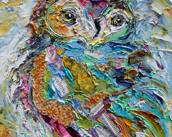 Owl painting, bird art, original oil and mixed media, palette knife impressionism on wood panel by Karen Tarlton