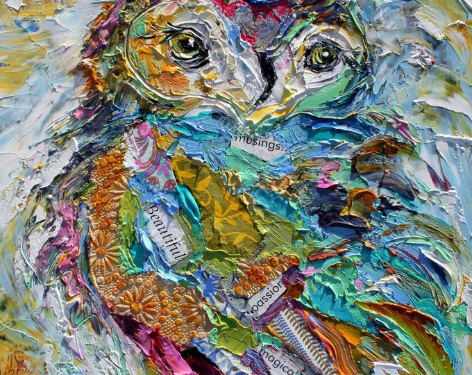 Featured listing image: Owl painting, bird art, original oil and mixed media, palette knife impressionism on wood panel by Karen Tarlton