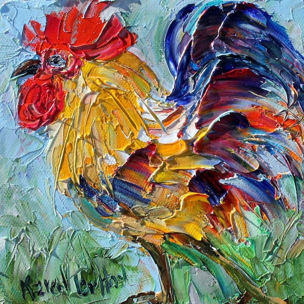 Haan print op canvas, Boerenerf vogel, kip kunst, gladde canvas print gemaakt van afbeelding van verleden schilderij door Karen Tarlton fine art