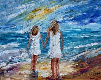 Beach Girls, children, sisters, print on canvas by Karen Tarlton