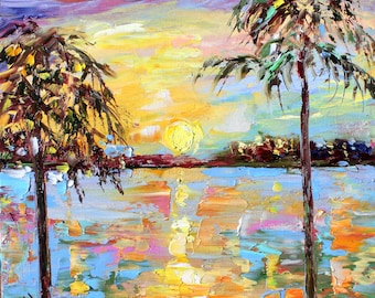 Sunrise painting, original oil, colorful sky and water, palette knife impressionism on canvas fine art by Karen Tarlton