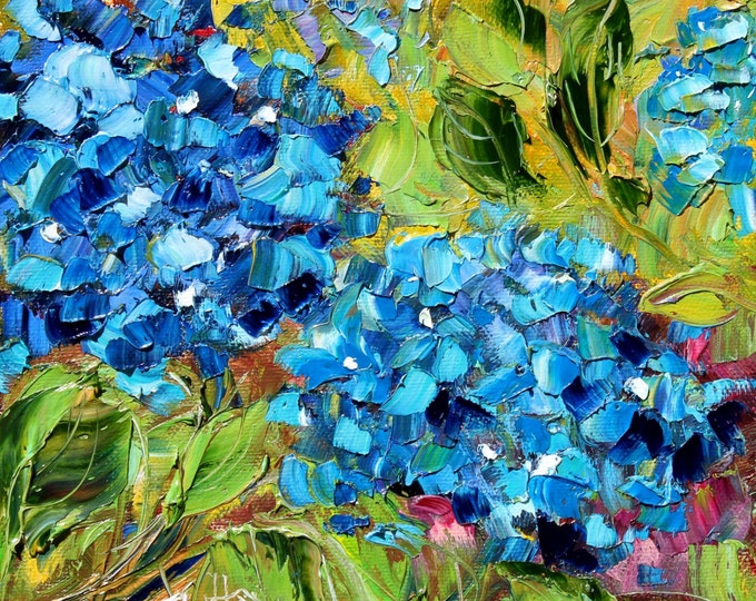 Original Oil Painting Blue Hydrangeas Flowers on Canvas by Karen