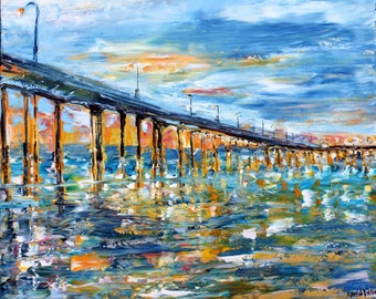 Ocean Beach Pier sunset Print on watercolor paper, made from image of past painting by Karen Tarlton