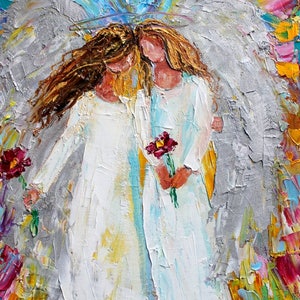 Angels print on canvas, angel hugs, friends art, made from image of past oil painting by Karen Tarlton