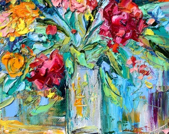 Flowers painting, still life art, original oil, palette knife texture by Karen Tarlton Karensfineart impressionism