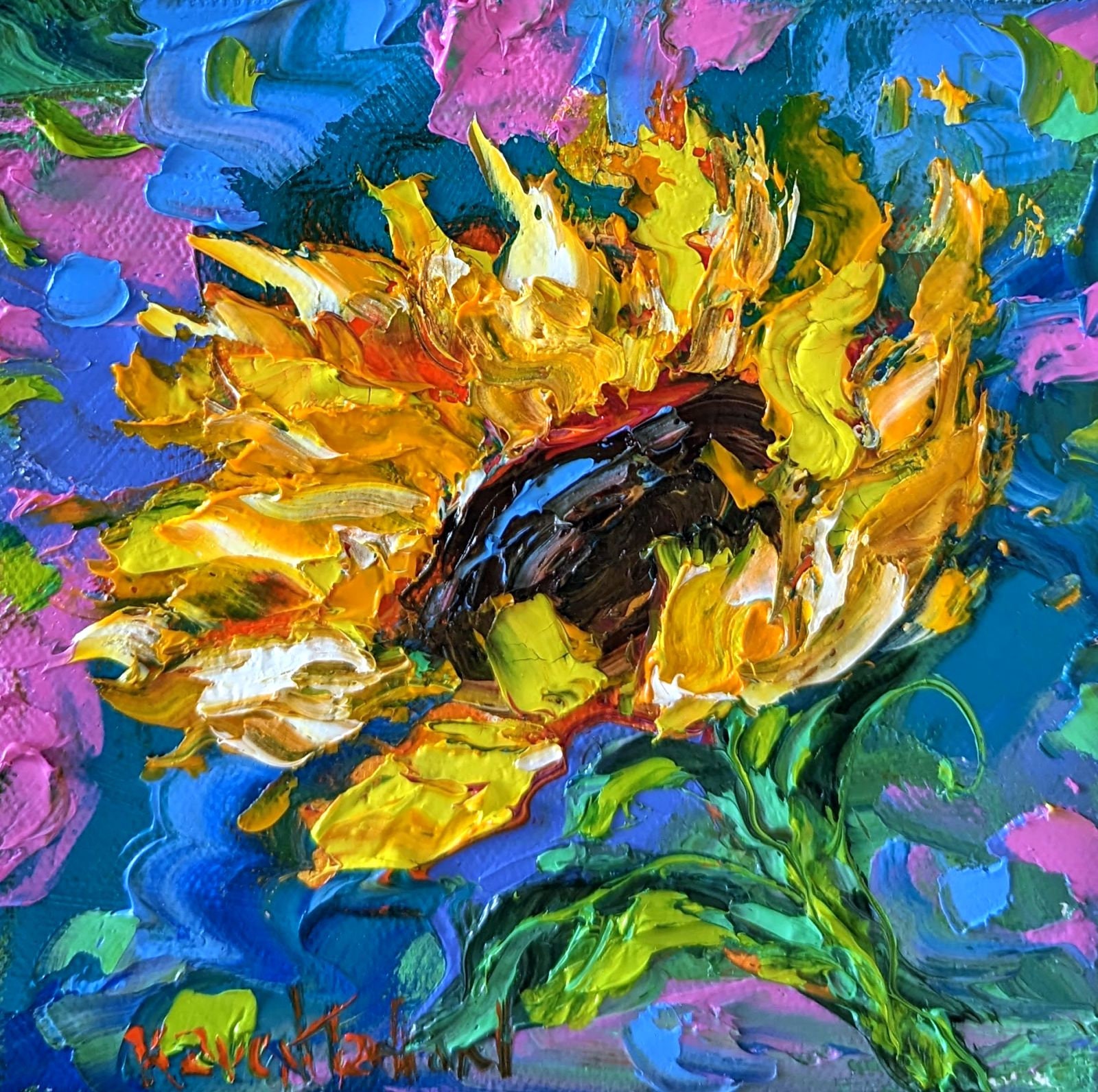 Sunflower painting original oil palette knife impressionism on canvas ...