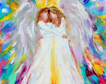 Angel hugs print, Angel art, Angel Friends print on canvas, made from image of past painting by Karen Tarlton fine art impressionism