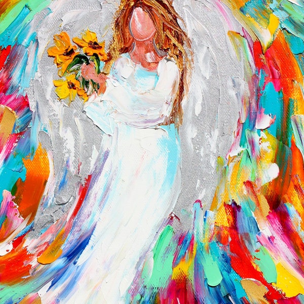Angel and sunflowers print on canvas, Angel art, made from image of past oil painting by Karen Tarlton -  palette knife modern art