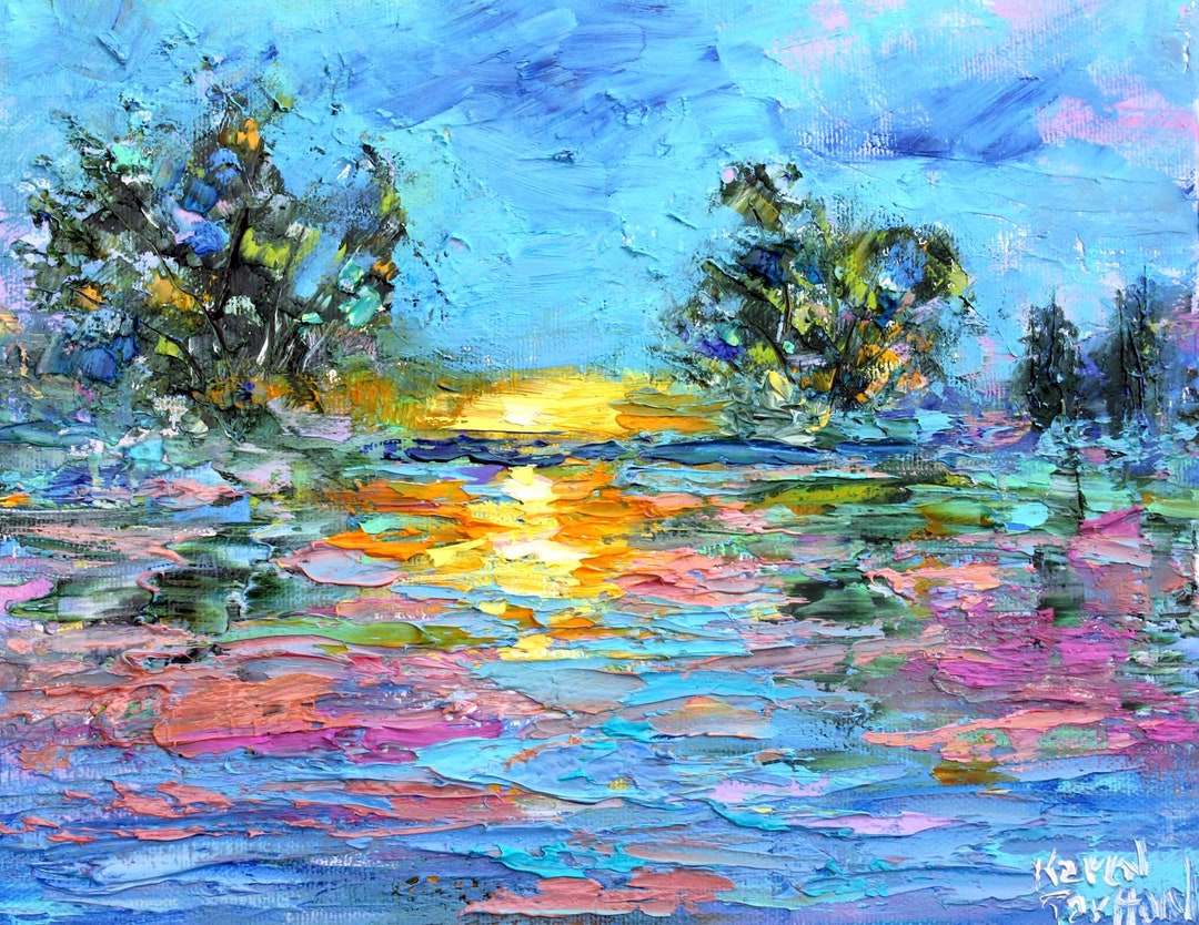 夕焼けの油絵：カレン・タールトン作「抽象的なインパスト海景