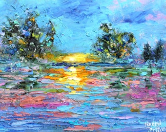 Sunset on the Water original oil abstract impressionism fine art impasto on canvas by Karen Tarlton