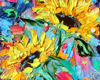 Sunflower painting, flower art, original oil, palette knife texture by Karen Tarlton Karensfineart impressionism
