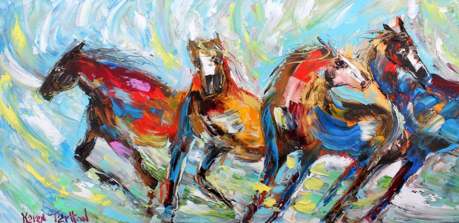 Wild Horses painting in oil palette knife impressionism on canvas fine