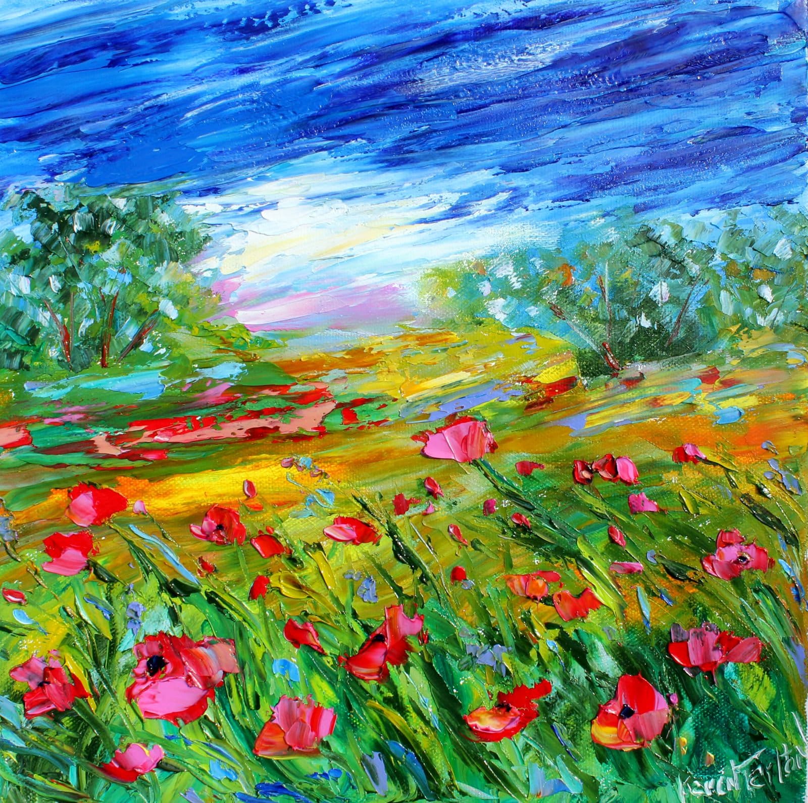 Poppy Field painting abstract palette knife landscape impressionism on ...