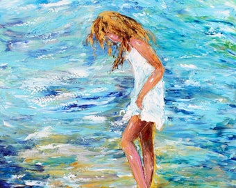 Beach child Print on watercolor paper made from image of past painting Girl on Beach - print by Karen Tarlton