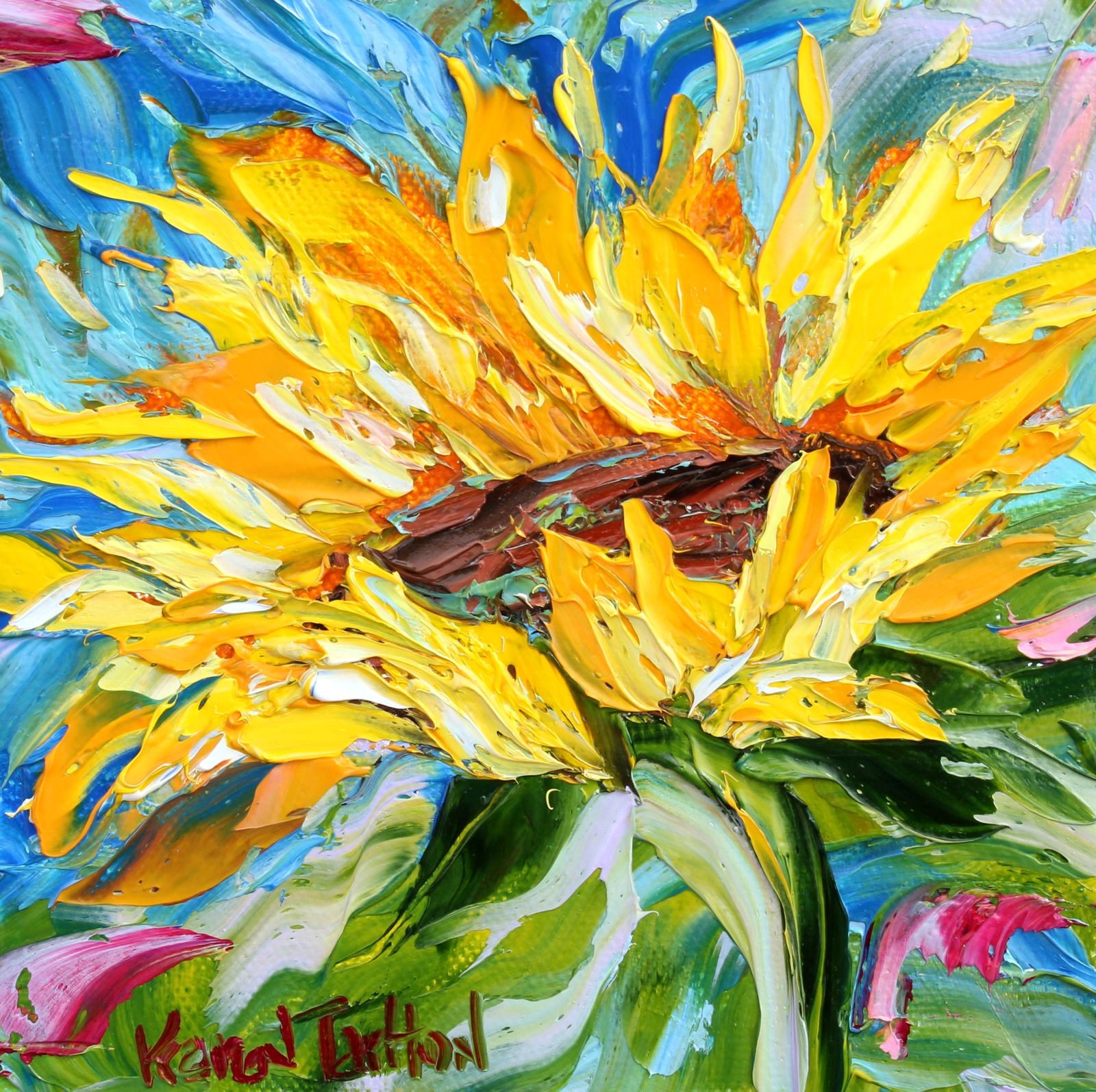 Sunflower painting, flower art, original oil palette knife impressionism on canvas fine art by