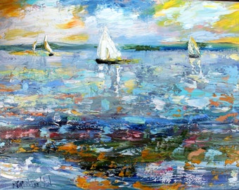 Sailboats sailing painting, original oil, on canvas palette knife, impressionism fine art by Karen Tarlton