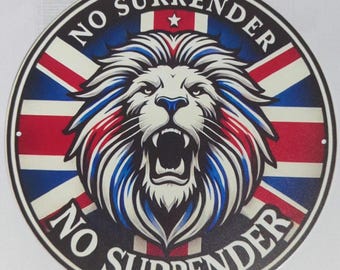 Letrero metálico "No Surrender" con el león británico y la bandera de la Unión de Gran Bretaña, 20 cm de diámetro, resistente a la intemperie