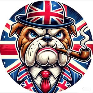 Könnte beinhalten: Digitale Illustration eines Bulldoggen, die einen Union Jack-Hut und -Anzug trägt und eine Pfeife raucht. Die Bulldogge hat einen strengen Ausdruck mit blauen Augen. Der Hintergrund zeigt ein Union Jack-Design.