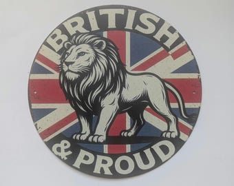 Letrero metálico circular británico y orgulloso con el león británico Union Jack de Gran Bretaña, 20 cm de diámetro, resistente a la intemperie