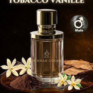 May include: A brown glass perfume bottle with a gold cap, labeled "TOBACCO VANILLE" and "SUNNAH GOODS." The image includes vanilla flowers, a pile of brown powder, and a male symbol. The bottle sits on a wooden surface.