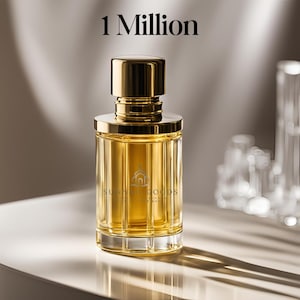 May include: A gold bottle of Sunny Goods 1 Million fragrance. The bottle has a gold cap and a clear glass body with a textured design. The bottle is sitting on a white surface.