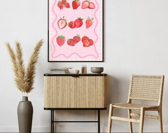 Strawberry Poster Digital Print, Fruit Wall Art, Printable Wall Art, Digital Wall Art, Eclectic Art, Digital Download, Colorful Gallery Art