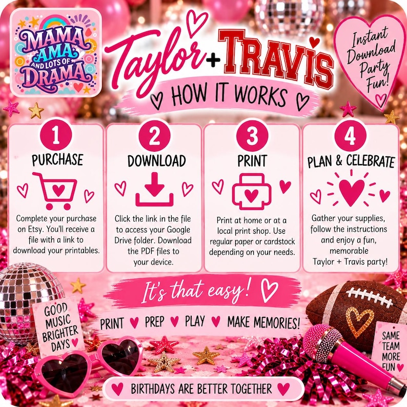 May include: A digital instruction graphic for a Taylor and Travis themed party. The text outlines four steps: purchase, download, print, and plan and celebrate. It features pink hearts, a disco ball, a football, a microphone, and party confetti.