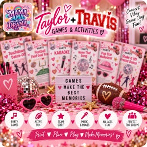 May include: A Taylor and Travis themed party games and activities set featuring printed cards with titles like Touchdown Dance-Off, Karaoke, and Name That Song. Includes a light box with the text Games Make The Best Memories, a football, a microphone, heart-shaped sunglasses, and a disco ball.