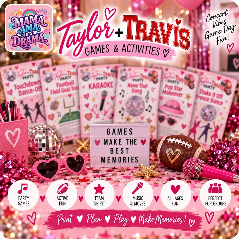 May include: A Taylor and Travis themed party games and activities set featuring printed cards with titles like Touchdown Dance-Off, Karaoke, and Name That Song. Includes a light box with the text Games Make The Best Memories, a football, a microphone, heart-shaped sunglasses, and a disco ball.