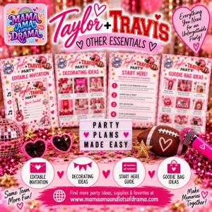 May include: A Taylor and Travis party planning kit featuring four informational cards, a light box with the text Party Plans Made Easy, heart-shaped sunglasses, a football with a heart graphic, a microphone, and a disco ball on a glittery surface.