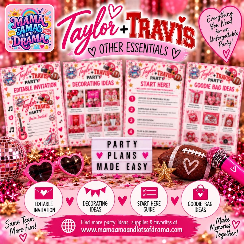 May include: A Taylor and Travis party planning kit featuring four informational cards, a light box with the text Party Plans Made Easy, heart-shaped sunglasses, a football with a heart graphic, a microphone, and a disco ball on a glittery surface.