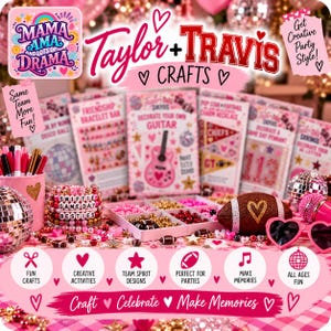 May include: A Taylor and Travis themed craft kit display featuring pink and red party supplies, including a bracelet kit with beads spelling Swiftie Game Day Besties, a brown football, heart-shaped sunglasses, disco balls, and craft instruction cards.