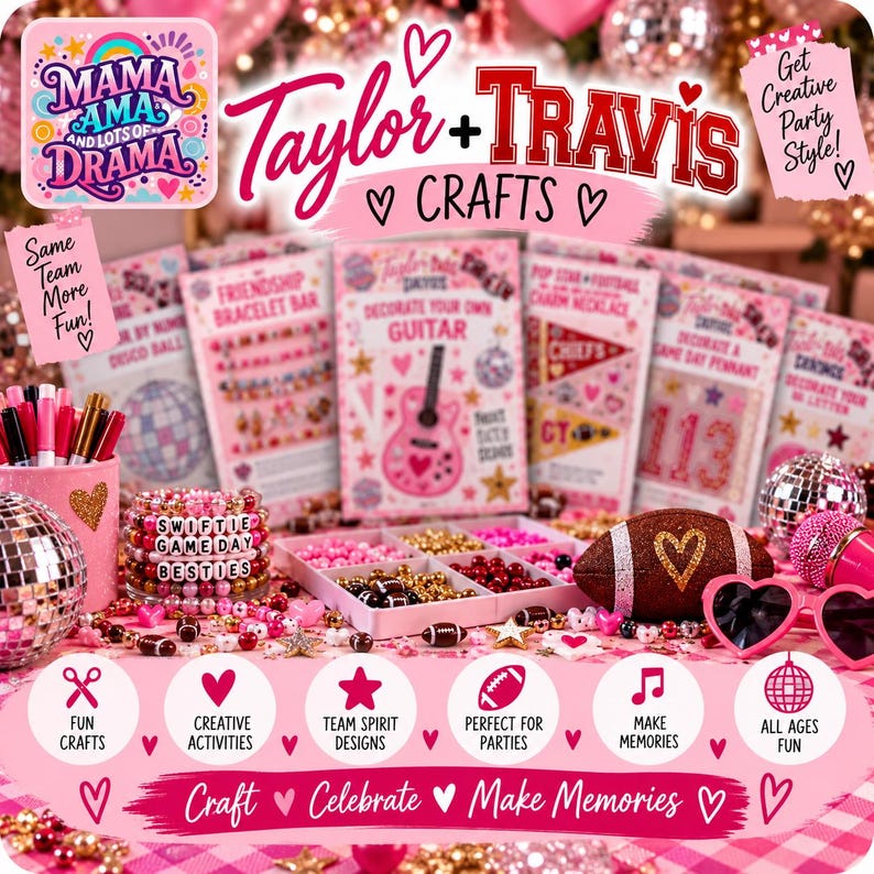 May include: A Taylor and Travis themed craft kit display featuring pink and red party supplies, including a bracelet kit with beads spelling Swiftie Game Day Besties, a brown football, heart-shaped sunglasses, disco balls, and craft instruction cards.