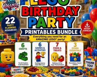 May include: A LEGO birthday party printable bundle featuring text that reads LEGO BIRTHDAY PARTY PRINTABLES BUNDLE, 22 PARTY PLANNING RESOURCES, 6 CRAFTS, 6 GAMES & ACTIVITIES, 7 FOOD & TREATS, 3 OTHER ESSENTIALS, and MAMA AMA LOTS OF DRAMA.