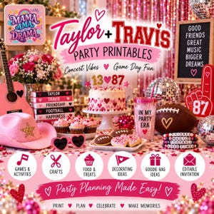 May include: A party printable set featuring Taylor and Travis themes with pink and red decor. Includes a cake with 13 and 87 toppers, a pink cowboy hat, a guitar, heart-shaped sunglasses, a football, and a tumbler labeled In My Party Era.