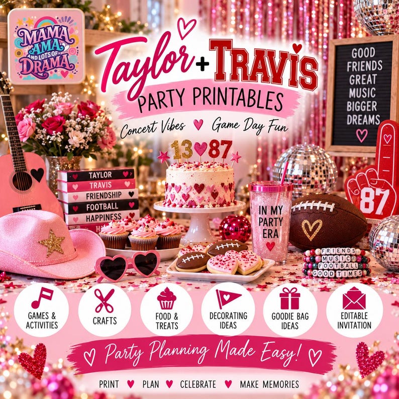 May include: A party printable set featuring Taylor and Travis themes with pink and red decor. Includes a cake with 13 and 87 toppers, a pink cowboy hat, a guitar, heart-shaped sunglasses, a football, and a tumbler labeled In My Party Era.