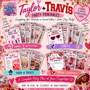 May include: A collection of Taylor + Travis party printables featuring games, crafts, food, and treat ideas. The set includes instructional cards for activities like freeze dance, sunglasses decoration, and themed snacks, all decorated with pink, red, and glittery accents.