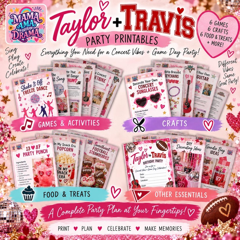 May include: A collection of Taylor + Travis party printables featuring games, crafts, food, and treat ideas. The set includes instructional cards for activities like freeze dance, sunglasses decoration, and themed snacks, all decorated with pink, red, and glittery accents.